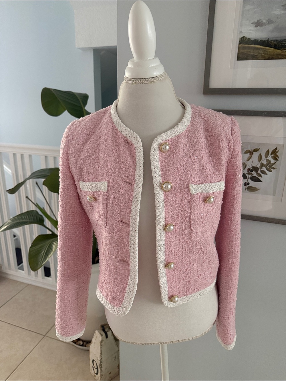 Generation Love Pink Tweed Pearl-Button Cropped Blazer with Cream Trim - Picture 1 of 6